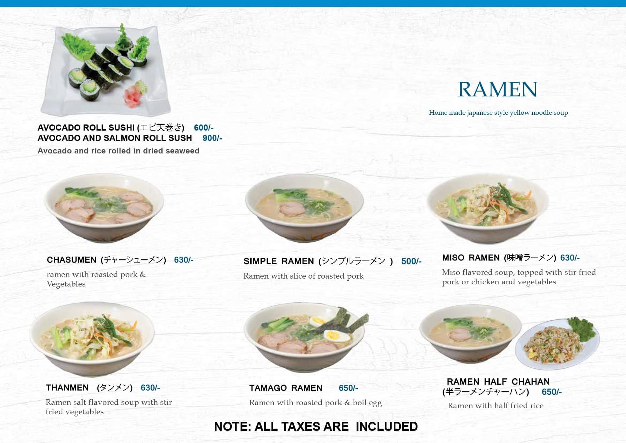 Aozora Japanese Restaurant menu page 6 ramen and avocado sushi