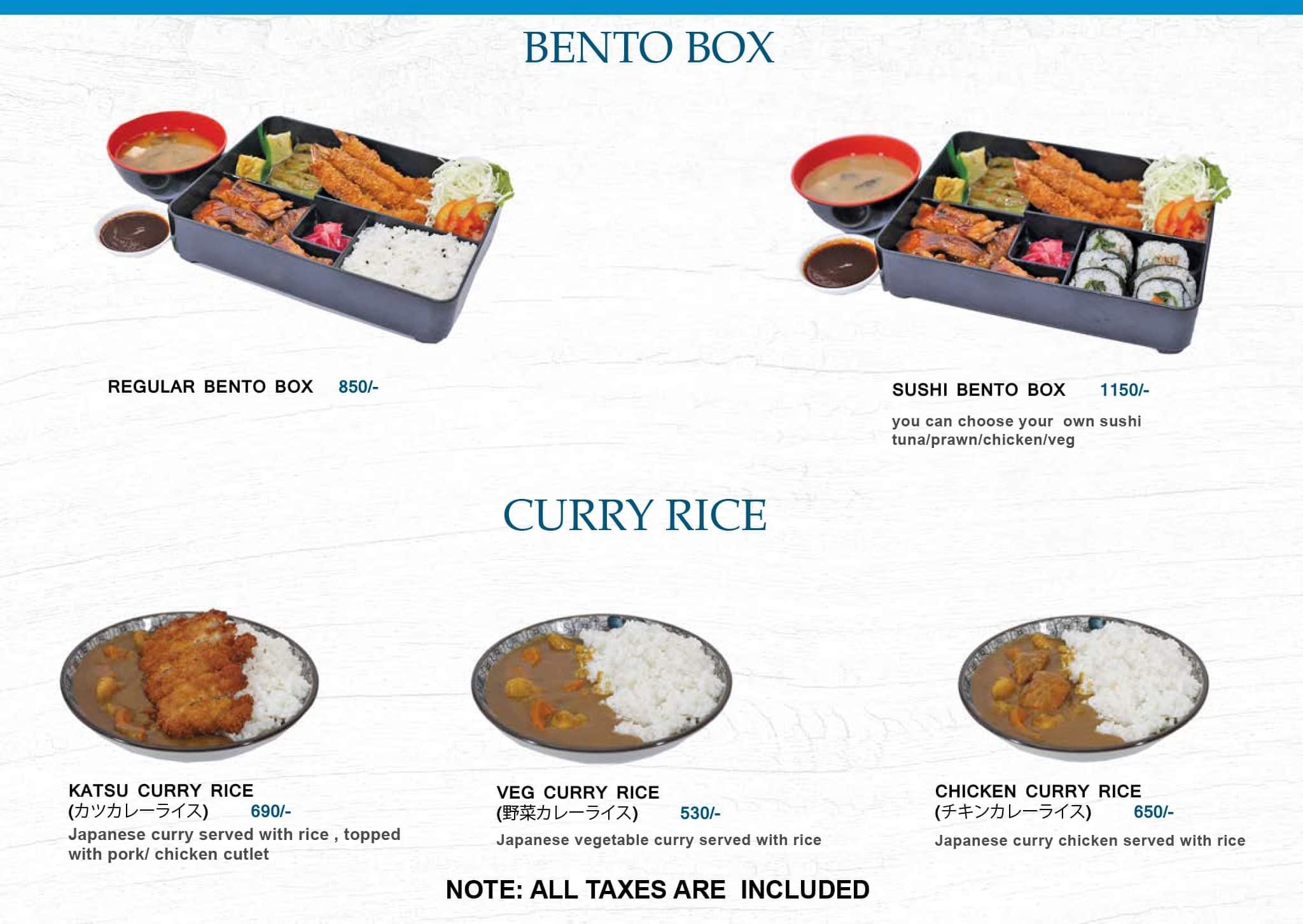 Aozora Japanese Restaurant menu page 7 bento box and curry rice